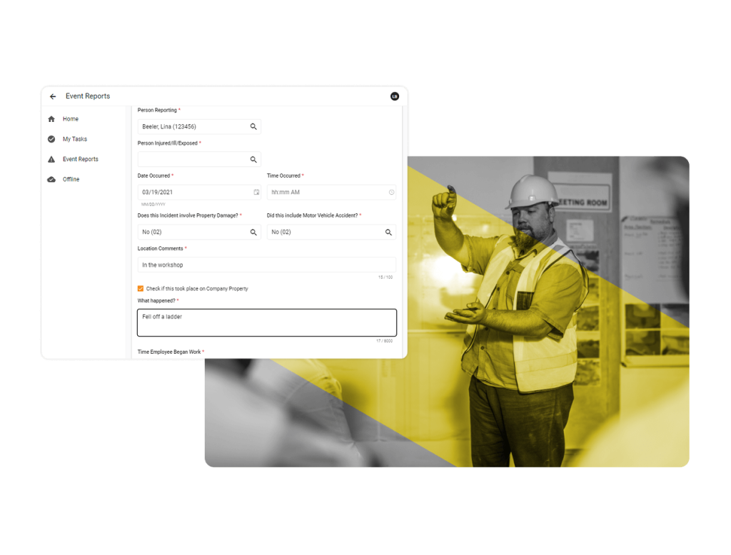 A digital event report form is displayed on the left, while on the right, a construction worker in a hard hat and safety vest gestures on a worksite, highlighting the capabilities of electronic permit to work software with a bold yellow overlay.