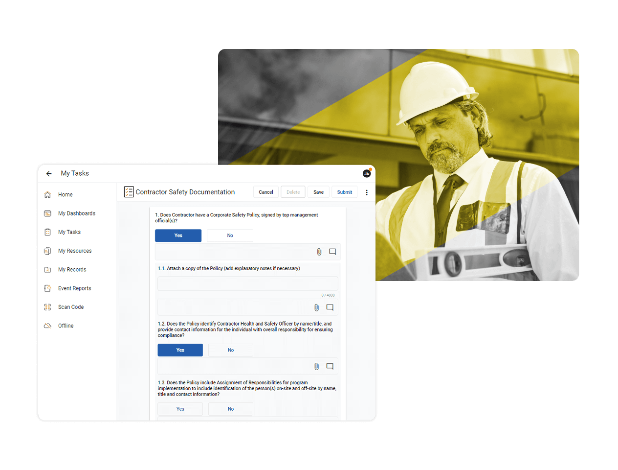 A screenshot of contractor management software displaying a digital safety documentation checklist overlays an image of a construction worker in a hard hat and safety vest, looking down at some papers.