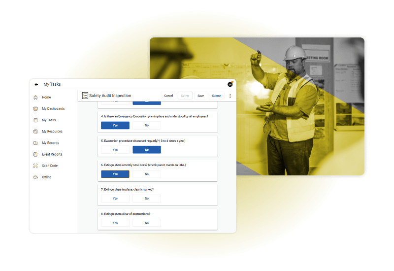 A digital safety audit inspection form powered by safety management software is displayed on a screen. Beside it, a construction worker in a hard hat and reflective vest gestures while holding a tablet in a yellow-tinted photo.
