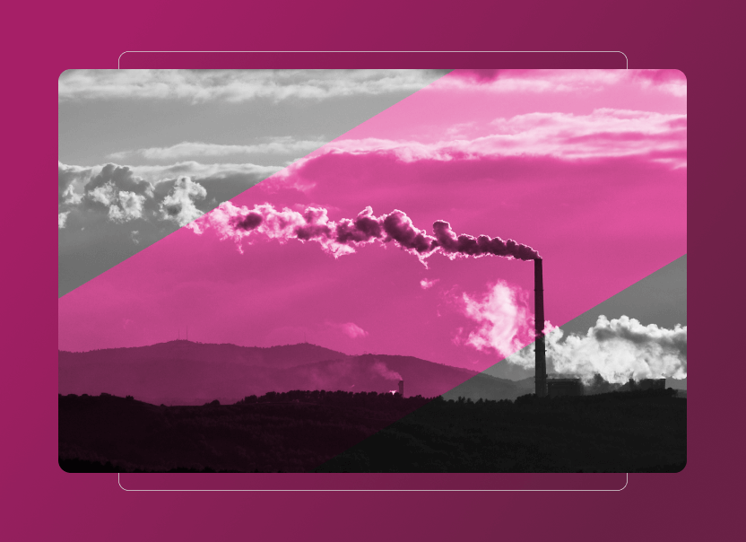 A factory emits thick smoke from a tall chimney against a mountainous landscape. The black-and-white photo, overlaid with bold diagonal magenta stripes, evokes the need for solutions like Sustainability Cloud.