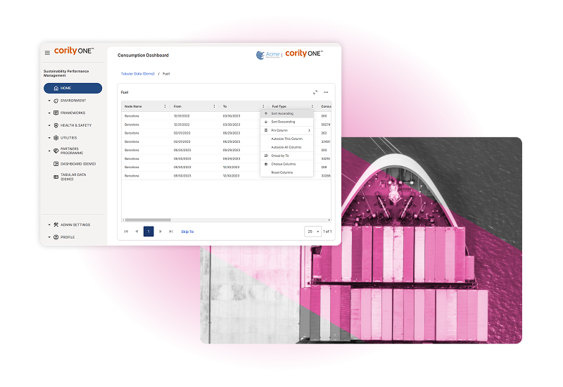 A screenshot of ESG Tracking Software’s dashboard with data tables is overlaid on a grayscale aerial photo of a shipping container terminal, featuring pink highlights on the containers.