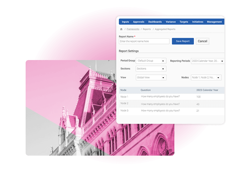 A screenshot shows a web-based Industial Hygiene Software report generation tool overlaying a pink-tinted photograph of a historic building with a clock tower. The tool displays options for report name, period group, reporting period, and questions.