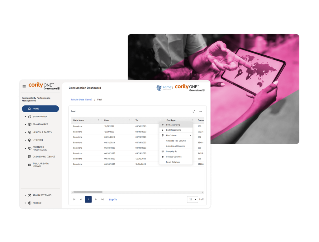 A digital dashboard titled Consumption Dashboard displays data in a table on a computer screen, alongside a photo of hands holding a tablet device, tinted pink—highlighting digital interaction and ESG private equity software-driven data analysis.
