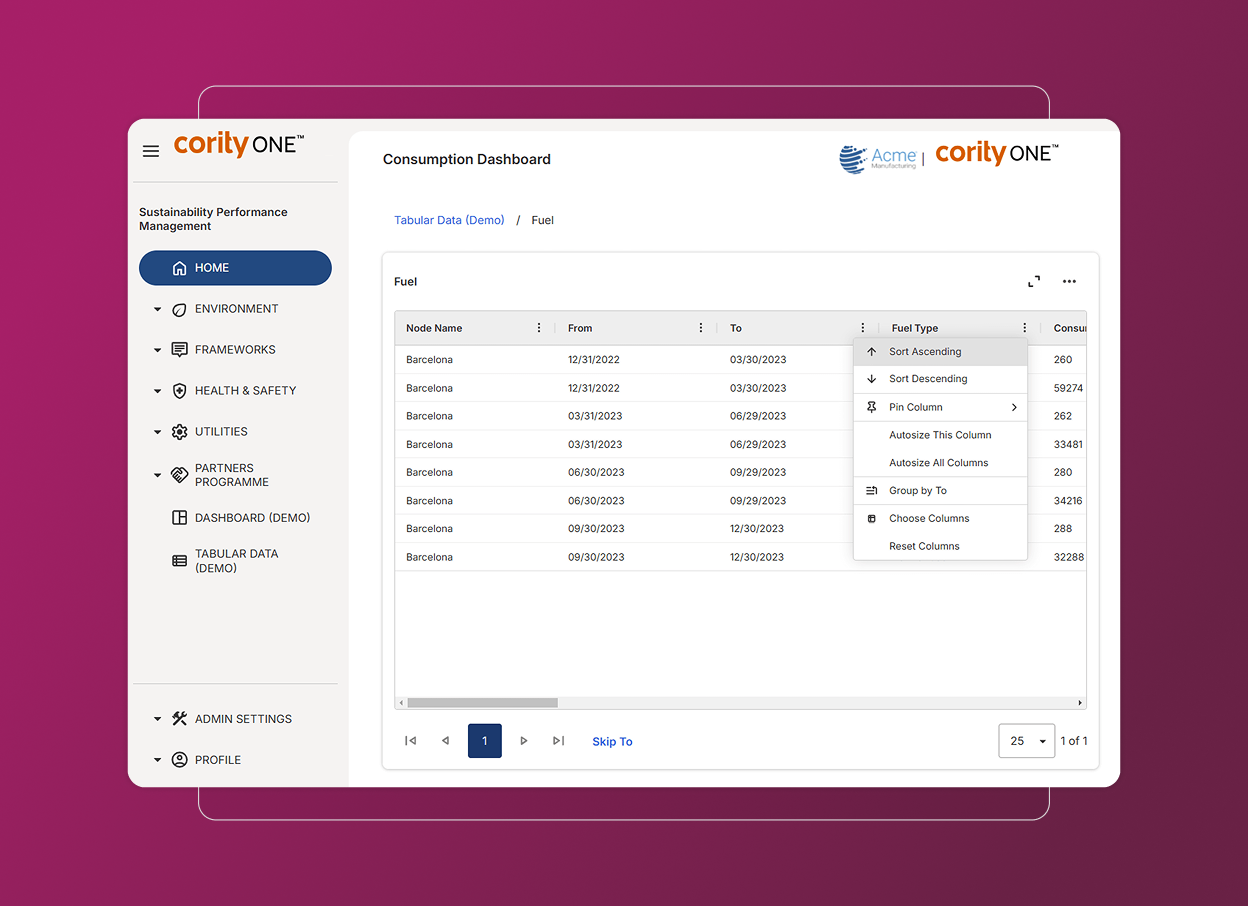 A software dashboard titled Consumption Dashboard displays a fuel consumption table with columns for node name, date, and fuel type. The left sidebar menu, inspired by Sustainability Cloud, features an Accordion Section for navigation options.