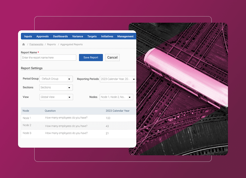 A digital interface for generating aggregated reports, featuring an Accordion Section, overlays a stylized aerial photo of train tracks and a train, both tinted pink, set against a gradient magenta background.