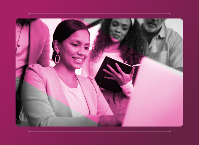 A woman smiles while working on a laptop, with three colleagues behind her—one holding a notebook. The image features a pink overlay, modern graphic elements, and references the Sustainability Cloud in the workspace.