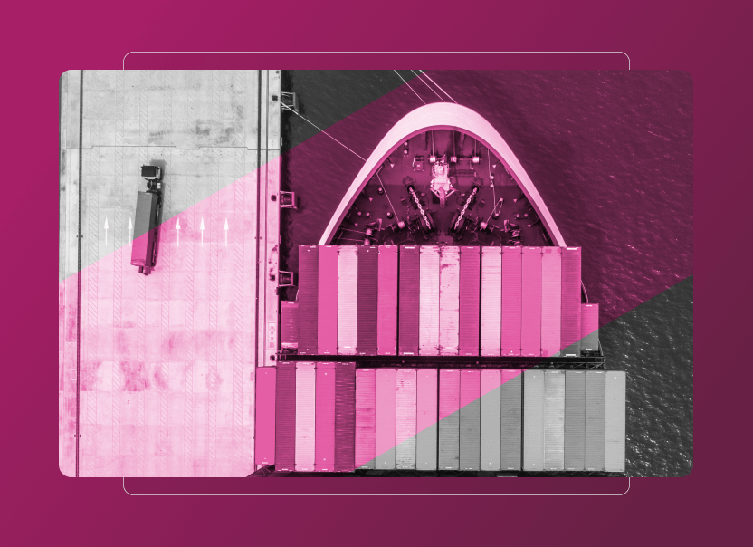 Aerial view of a cargo ship docked at a pier with colorful shipping containers and a truck nearby, all overlaid with a pink transparent geometric design, illustrating sustainability in modern logistics.