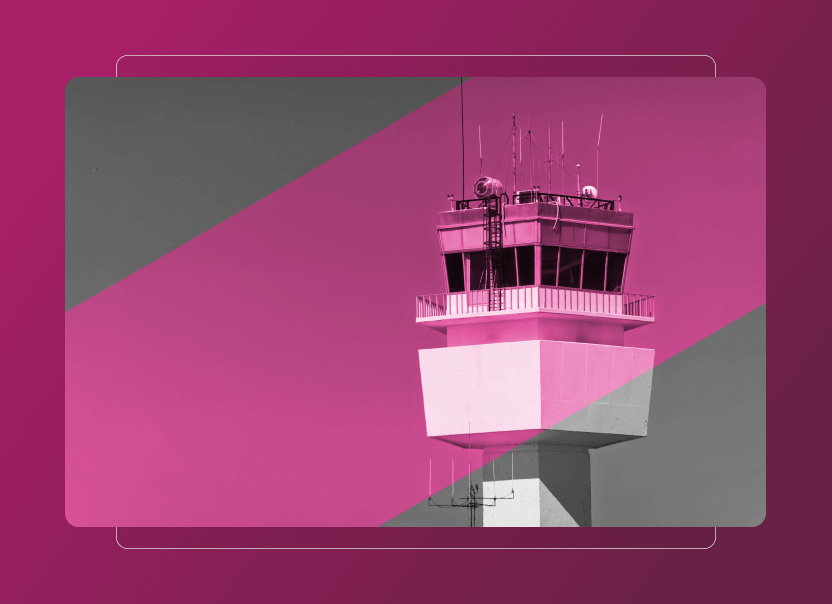 An air traffic control tower against the sky, edited with bold magenta and gray diagonal overlays, framed by translucent rectangles—evoking the innovative clarity of Sustainability Cloud.