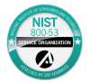 A circular teal and white badge displays NIST 800-53 at the center, SERVICE ORGANIZATION below, and National Institute of Standards and Technology around the top edge. A logo is at the bottom.