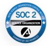 A circular SOC 2 compliance badge with blue outer ring and stars, displaying SOC 2 and SERVICE ORGANIZATION in the center, along with a black and white logo and the text EXAMINED BY 360 ADVANCED.
