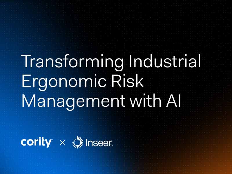 White text on a gradient background reads Transforming industrial ergonomic risk management with AI. Logos for Cority and Inseer appear at the bottom.
