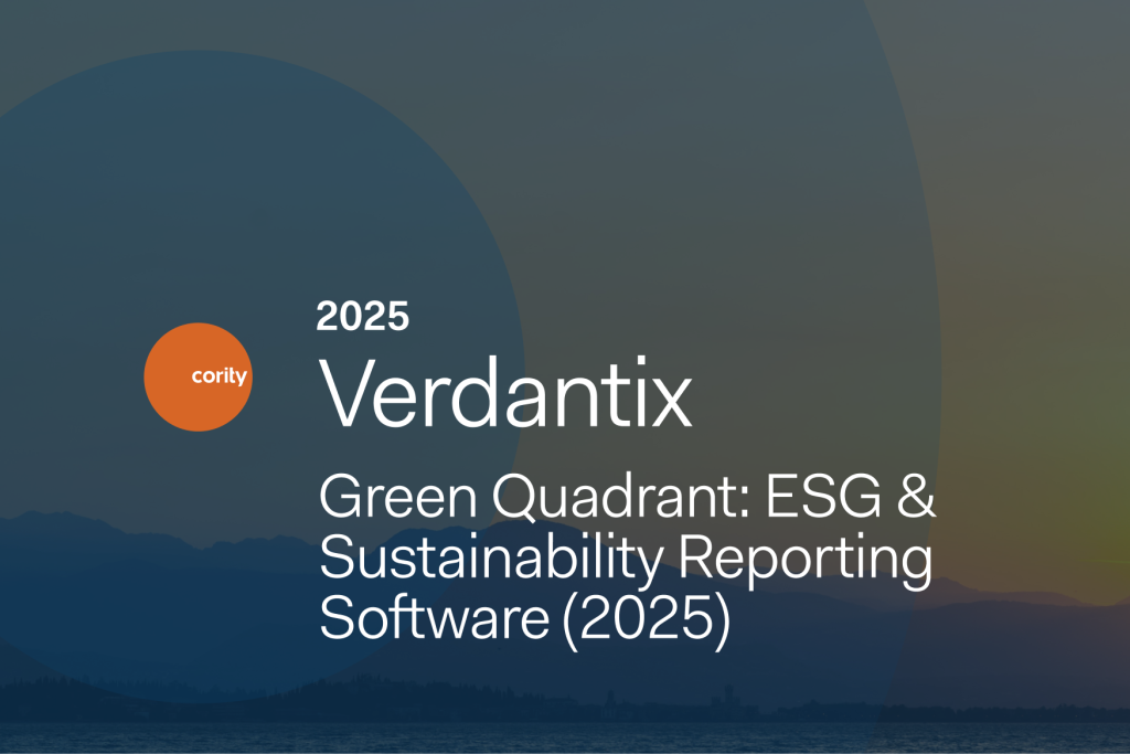 A graphic with a sunset over mountains and water, featuring the text 2025 Verdantix Green Quadrant: ESG & Sustainability Reporting Software (2025) and the Cority logo. Highlights leading ESG solutions in the Verdantix Green Quadrant.