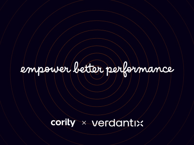 White handwritten text reads “empower better performance” on a dark background with concentric circles, referencing EHS software consolidation. Below, white logos for “cority” and “verdantix” are separated by an x.