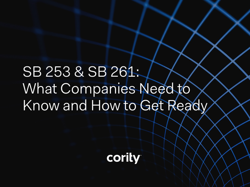 White text on a dark, grid-patterned background reads: SB 253 & SB 261: What Companies Need to Know and How to Get Ready for company compliance. The word cority appears below the main text.