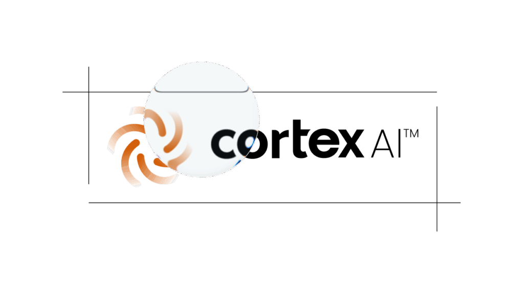 Logo for cortex AI EHS Software featuring a stylized orange swirl on the left and modern black text on the right, displayed on a light background with thin alignment lines.