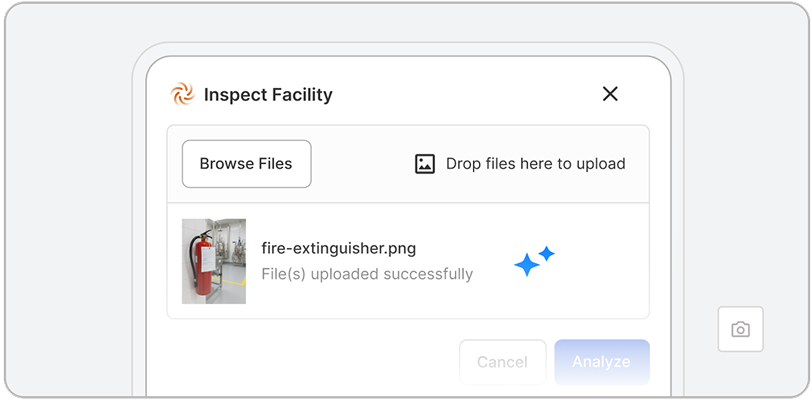 A computer screen displays an Inspect Facility upload window powered by ehs ai, showing a thumbnail of fire-extinguisher.png and a message stating File(s) uploaded successfully.