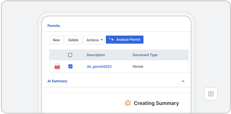A digital interface enhanced with EHS AI displays a permits table with options to create, delete, or analyze a permit. One row lists Air_permit2025 as a PDF permit document. Part of a Creating Summary section is visible below.
