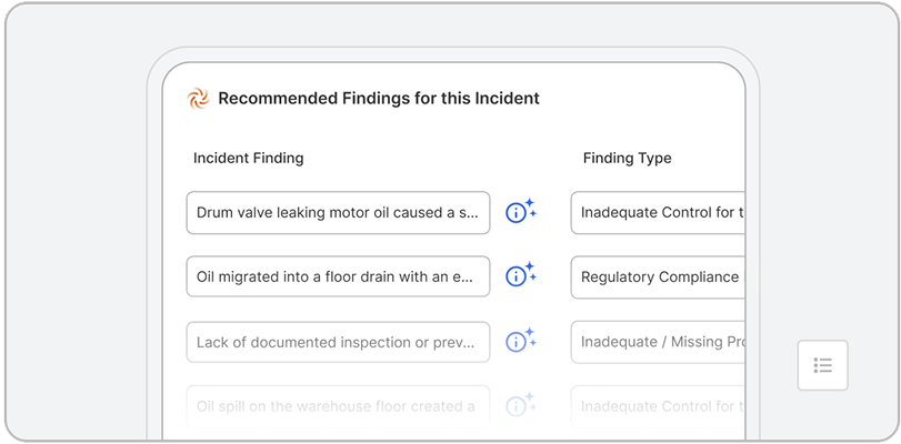 A computer screen displays a list titled Recommended Findings for this Incident, showing incident findings such as oil leaks and compliance issues, along with corresponding finding types generated by EHS AI.