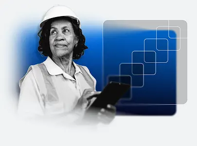 An older woman wearing a hard hat and safety vest holds a tablet, looking to the side. A blue gradient background with overlapping transparent squares appears beside her.