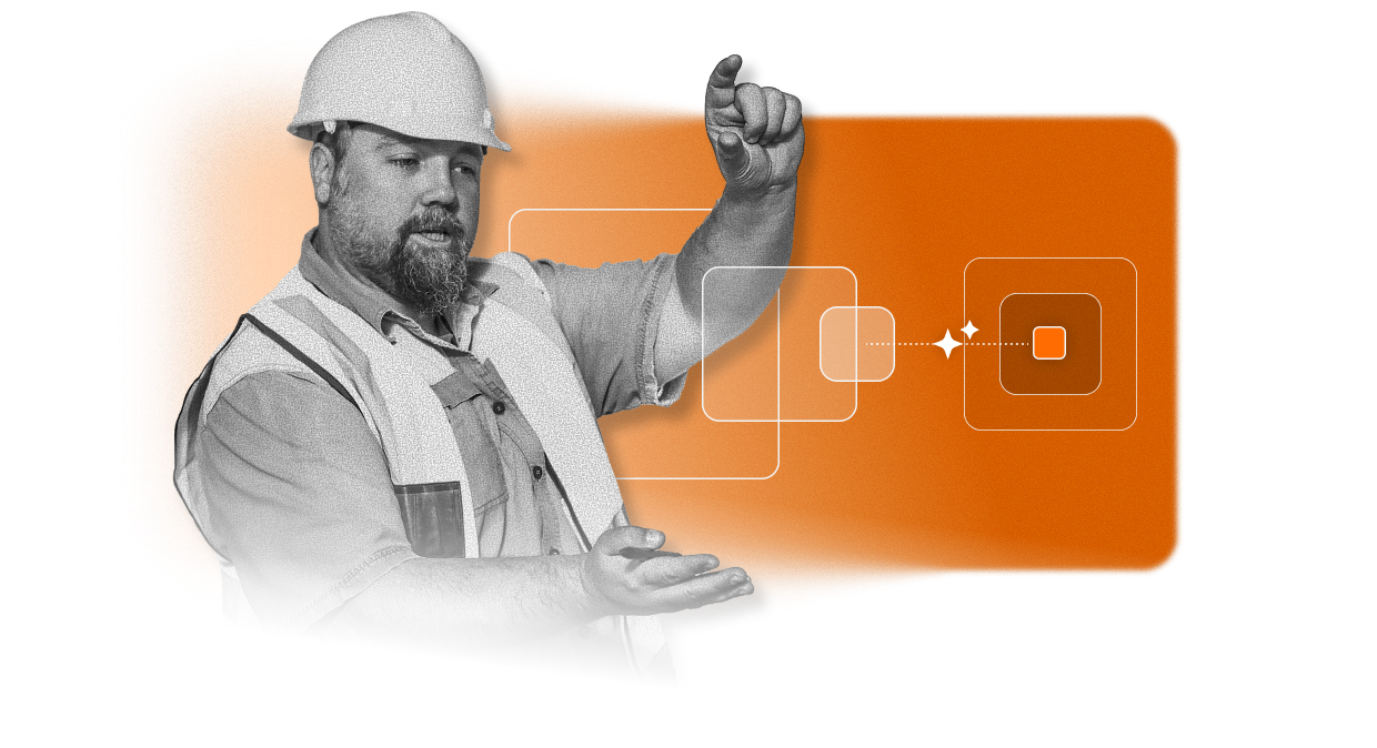 A construction worker in a hard hat and safety vest gestures with his hands in front of an orange rectangle with abstract flowchart icons, suggesting planning or process visualization through an EHS Software Platform.