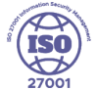 Blue ISO 27001 Information Security Management logo, featuring ISO in bold letters over a globe outline, with 27001 below.