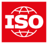 ISO logo: White letters ISO in bold on a red background, with a white outlined globe behind the text, representing the International Organization for Standardization.